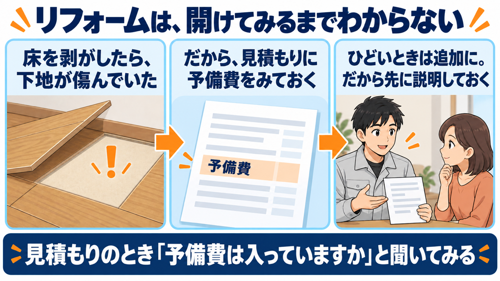 リフォームは開けてみるまでわからないので、見積もりに予備費を入れておく流れ
